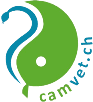 Symbol-Signet aus blauer Schlange und grüner Blattform mit Website-Angabe